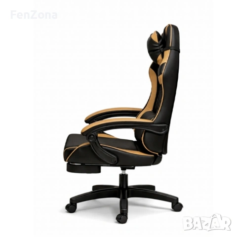 Геймърски стол с масажна функция, лумбална възглавница и поставка за крака – Черен-златист, снимка 2 - Столове - 54096615