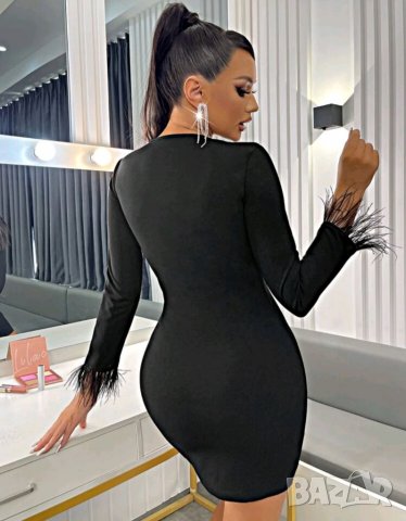 Черна рокля с пера лукс , снимка 4 - Рокли - 26762415