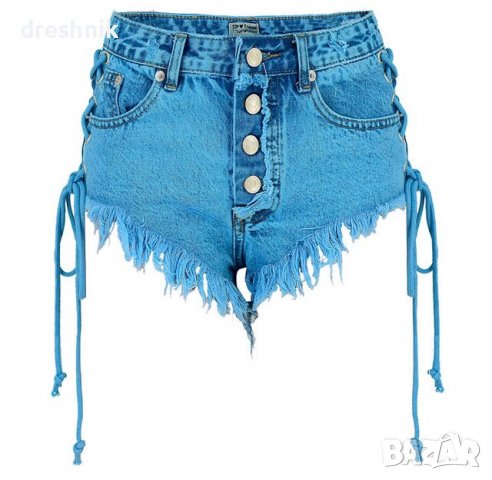 Дамски дънкови къси панталони, синя боя, странични вързанки, снимка 5 - Къси панталони и бермуди - 36936120