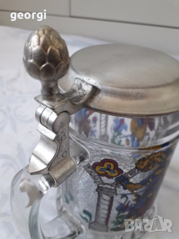 Немска стъклена халба с метален капак   4/1, снимка 3 - Колекции - 31454328