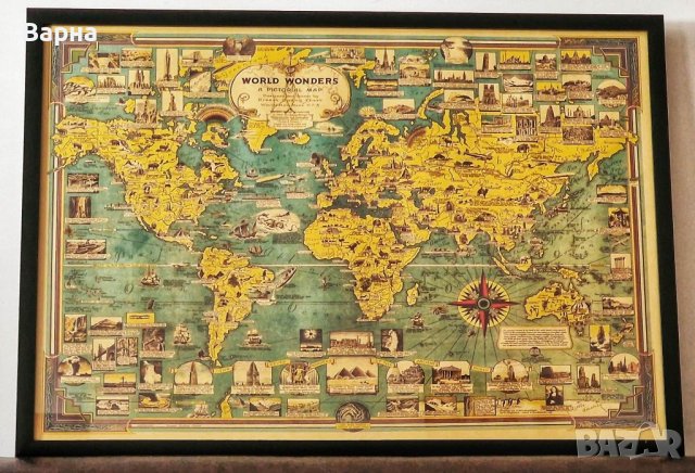 World Map - Постер, плакат, картина на картина на света и нейните забележителности - Рамкирана