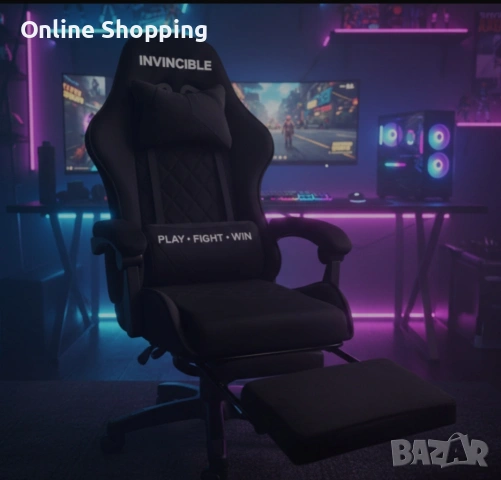 Черен геймърски стол с регулируема височина, лумбална възглавница и метална основа