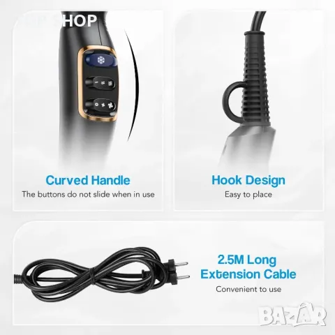 GLAM Сешоар, професионален йонен, мощен променливотоков с дифузер, дюза, концентратор, гребен, черен, снимка 3 - Сешоари - 50159111