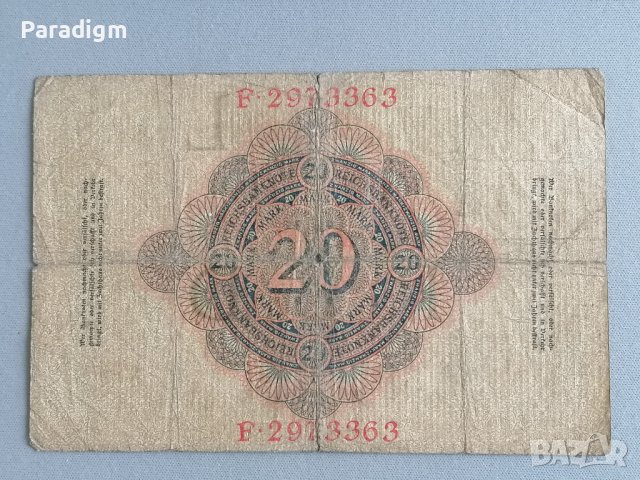 Райх банкнота - Германия - 20 марки | 1910г., снимка 2 - Нумизматика и бонистика - 40448818