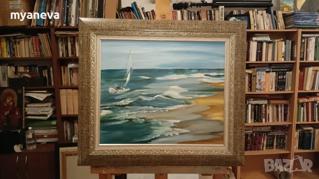 Картина с маслени бои върху платно в масивна  рамка . "Морски бриз“ , художник Петя Хинкова. , снимка 6 - Картини - 55826866