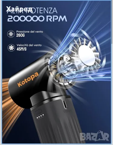 Електрическа въздушна духалка Kotopa МОЩЕН БЕЗЧЕТКОВ МОТОР 200000 RPM 8000mAh черна - НОВА , снимка 3 - Друга електроника - 56247258
