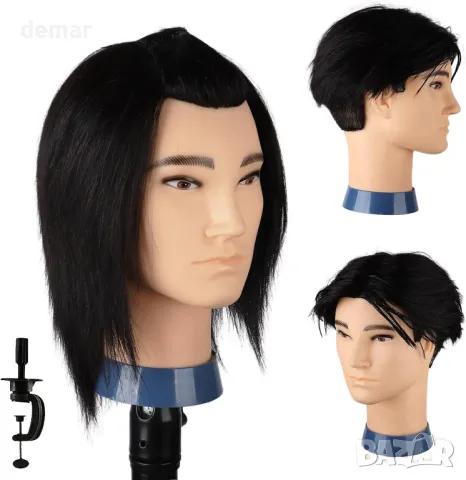 Мъжка глава за практикуване на подстригване с гъста коса, 100% човешка коса, черна коса, 33 см