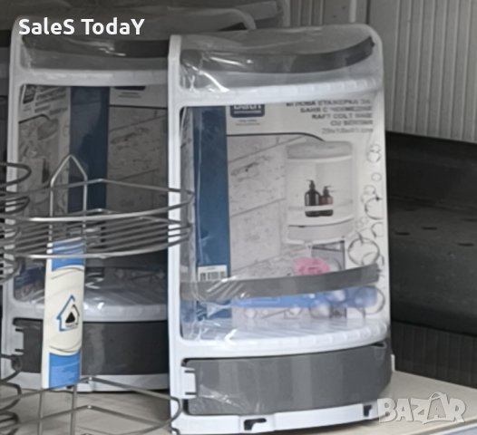 Ъглов рафт за баня, бяла етажерка със сиво чекмедже, Пластмаса , снимка 4 - Етажерки - 44462142