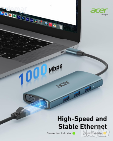 Acer USB C хъб с 4k HDMI, 9-в-1 USB C към Ethernet адаптер, 5Gbps USB-A 3.1 докинг станция, PD 100W, снимка 8 - Кабели и адаптери - 44532825
