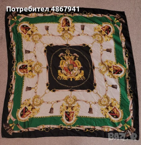 Нов Копринен Шал 86х83 - Аристократичен Герб - Барок - Зелено Черно Злато - Лукс