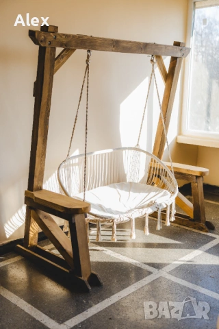 Дизайнерска дървена люлка с макраме., снимка 2 - Градински мебели, декорация  - 53262553