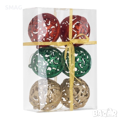 Комплект коледни топки червено-зелено-златни ажур Ø8 см_1240997, снимка 3 - Други - 52354161