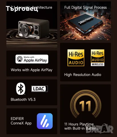 EDIFIER D32 Ретро блутут тонколона 60W Hi Res LDAC AirPlay2 Bluetooth 5.3, снимка 10 - Тонколони - 55990539