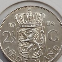 Сребърна монета 2 1/2 гулдена 1964г. Кралица Юлиана Нидерландска 39626, снимка 3 - Нумизматика и бонистика - 42755713