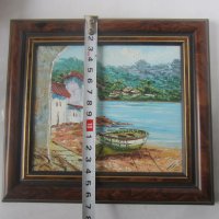 Картина морски пейзаж, лодка, бряг, с рамка, снимка 2 - Картини - 31809447