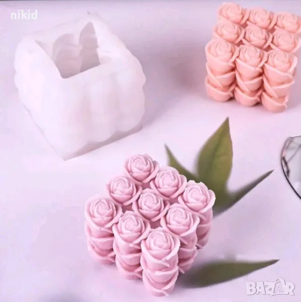 3D Кубче куб 3 реда рози розички силиконов молд форма фондан гипс свещ шоколад, снимка 1