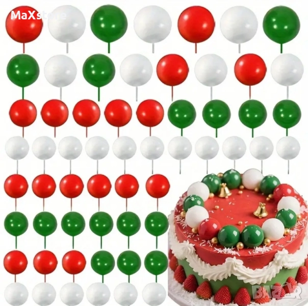 28 броя Коледни зелени бели червени топчета на тел от стиропор за декорация на торта , снимка 1