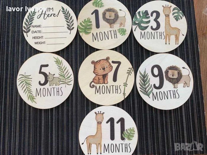 Дървени табелки "Джунгла" за месечинка на бебе, снимка 1