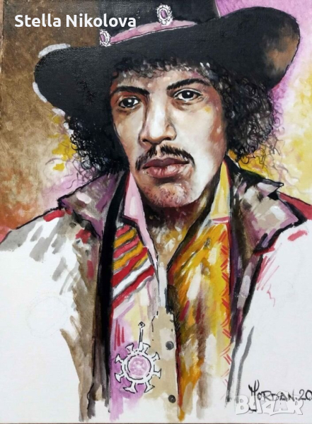 Портрет на Jimi Hendrix,30/40, маслени бои,картон,без рамка, снимка 1