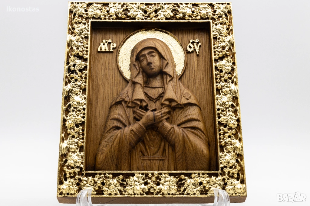 Позлатена релефна икона на Дева Мария от дъб с варак, снимка 1