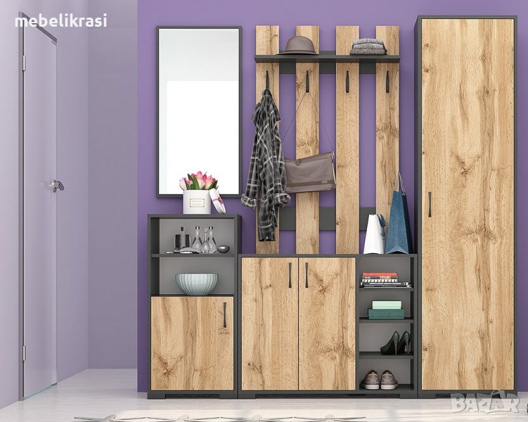 Модулно портманто Денвър Конфигурация 3 - гардероб, огледало, шкафчета, Дъб вотан / Антрацит, снимка 1