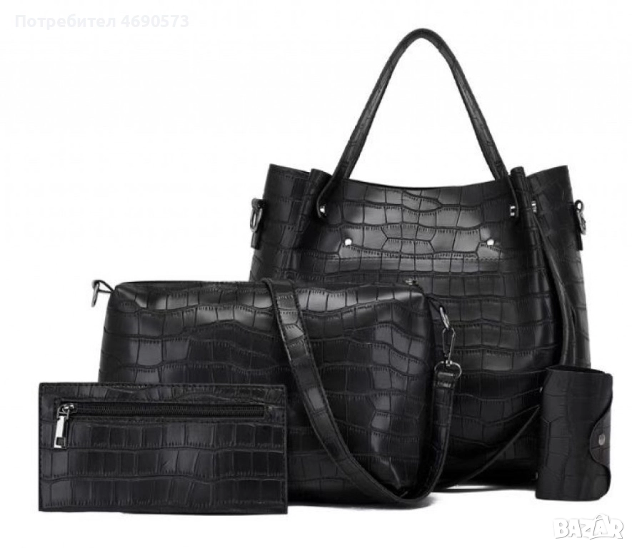 Комплект от дамски чанти в черен цвят, с кроко ефект, снимка 1