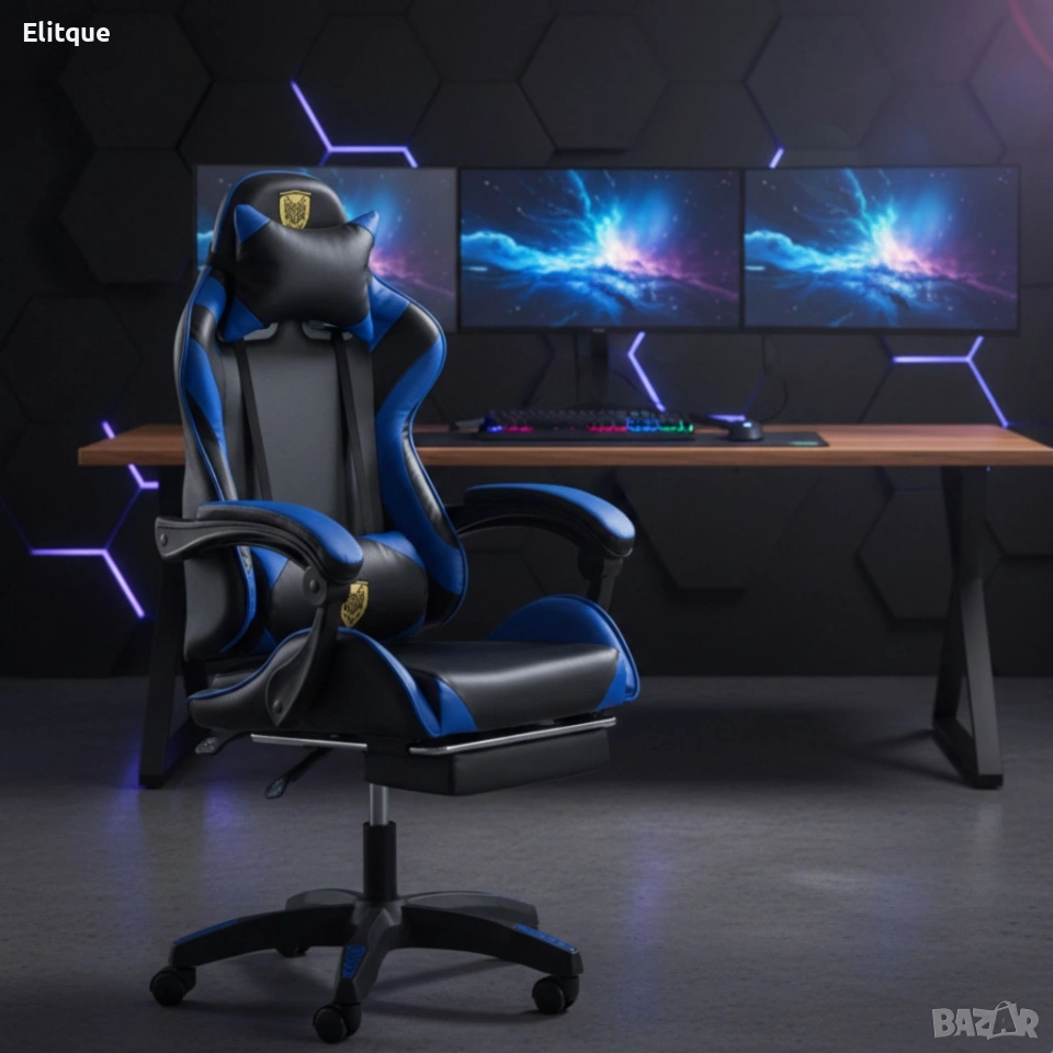 Геймърски стол с поставка за крака - подходящ за деца и тинейджъри- черно-син, снимка 1