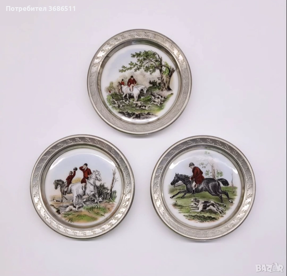 Старинни немски чинии ловна тематика рисуван порцелан и калай, снимка 1