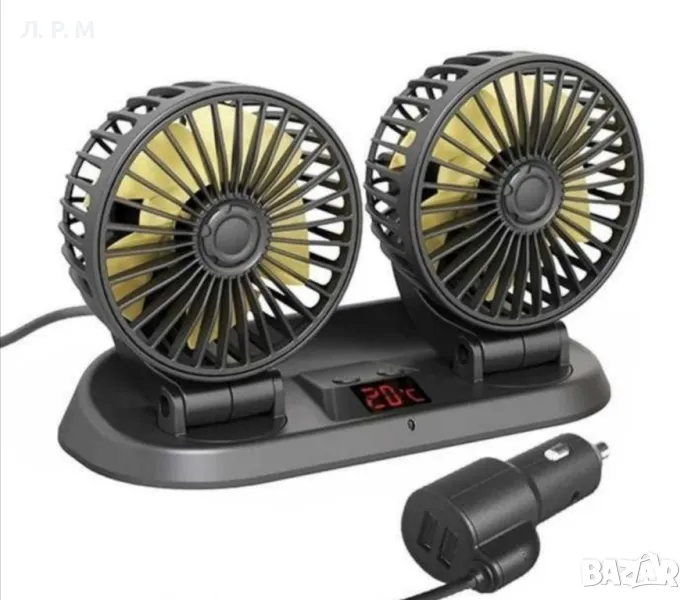 Вентилатор Двоен с термометър 12-24V, Вентилатор за кола, снимка 1