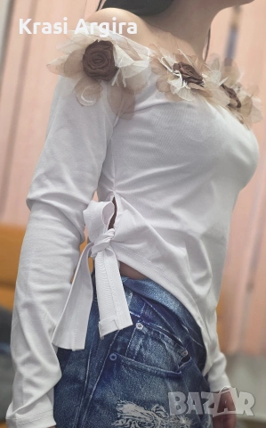 Дамска Блузка с 3D Цветя с падащо деколте , снимка 4 - Корсети, бюстиета, топове - 53991309