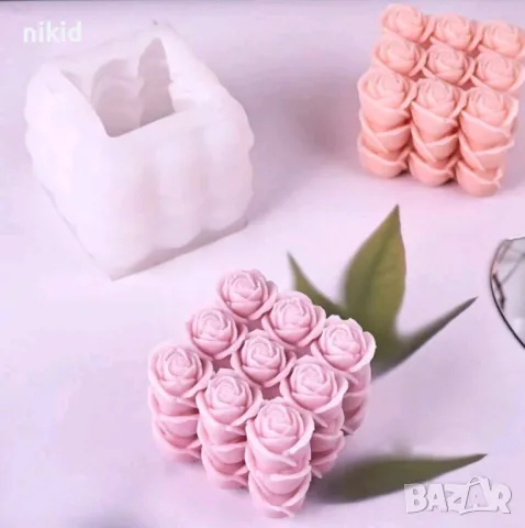3D Кубче куб 3 реда рози розички силиконов молд форма фондан гипс свещ шоколад