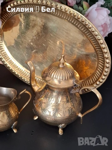 Месингов сервиз за кафе/чай – ръчно гравиран., снимка 5 - Антикварни и старинни предмети - 51009183