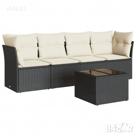vidaXL Градински комплект с възглавници, 5 части, черен полиратан（SKU: 3217236）