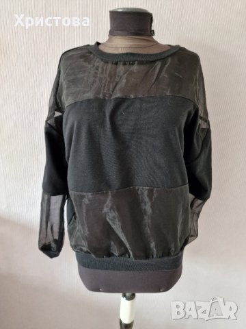 Блуза в черно с тюлен ръкав тип суитшърт-10,00лв., снимка 1 - Блузи с дълъг ръкав и пуловери - 42666625