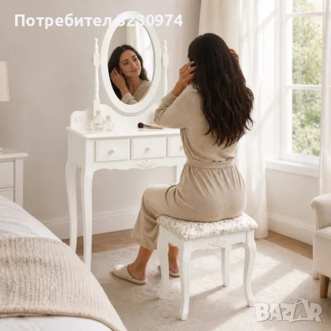 Бяла козметична тоалетка с овално огледало и табуретка, снимка 2 - Тоалетки - 56079715