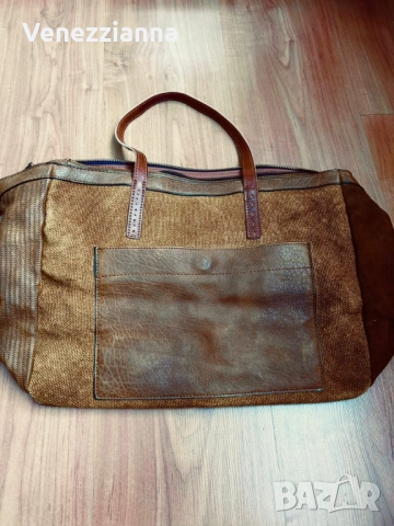 Дамска чанта в кафяв цвят от кожа,велур и текстил, снимка 4 - Чанти - 52351391
