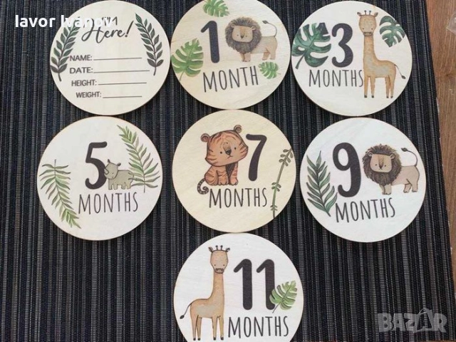 Дървени табелки "Джунгла" за месечинка на бебе