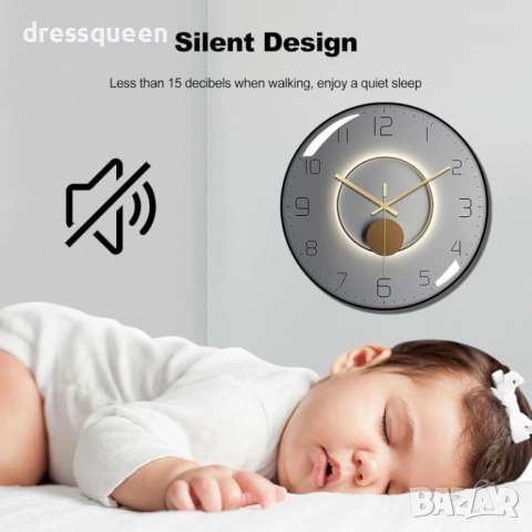 4442 Безшумен стенен часовник "Total Black" – черен циферблат и елегантен корпус, снимка 4 - Стенни часовници - 54068990