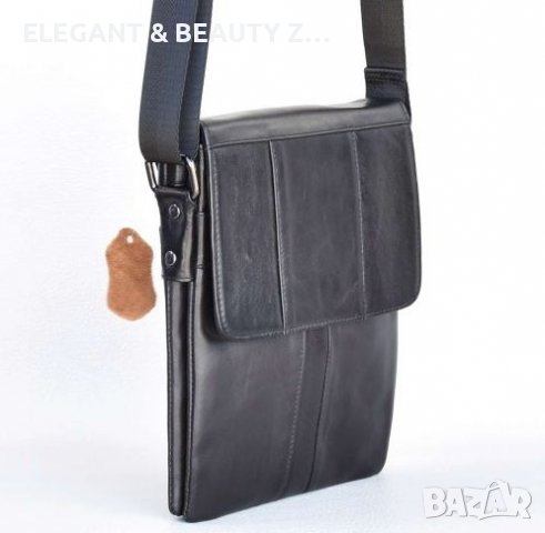 Мъжка  кафява кожена чанта с капак от телешки бокс черно, дъб  и  тик, снимка 5 - Чанти - 38999742