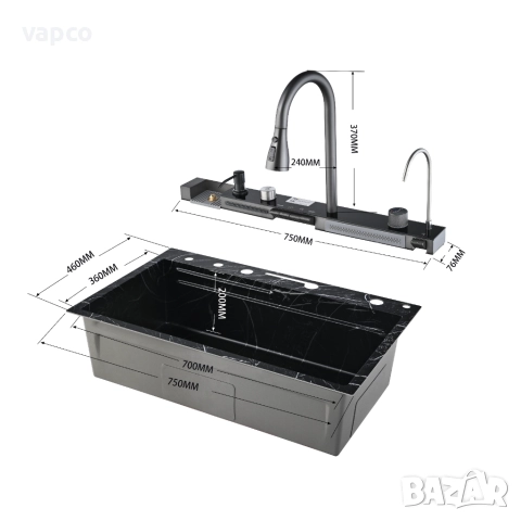  Черен мрамор - Мултифункционална кухненска мивка с двоен водопад , снимка 14 - Мивки - 52128188