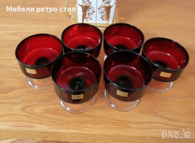 Елегантен комплект  от 6 бр. чаши ''Luminarc''. Изработени в рубинен цвят и прозрачно столче., снимка 2 - Чаши - 52040392