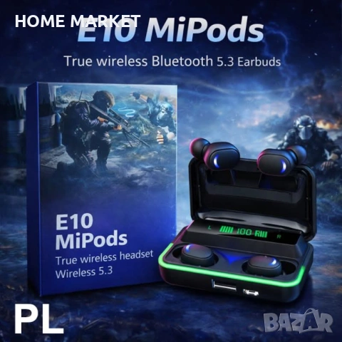 Безжични слушалки E10 МiPods 5.3 с LED дисплей /ED-BJLDP-1010 Описание: E10 MiPods са стилни и мощни, снимка 2 - Слушалки и портативни колонки - 53323905