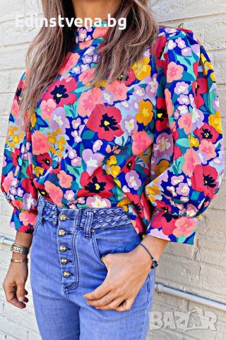 Дамска блуза с дълъг ръкав и флорален принт, 100% памук, снимка 1 - Блузи с дълъг ръкав и пуловери - 44414546