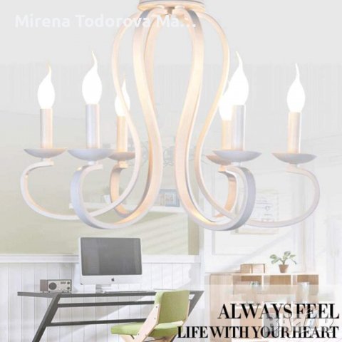 Антична висяща лампа Полилей 6 пламъка Железен свещник Бял Винтидж, снимка 3 - Лампи за таван - 38383669