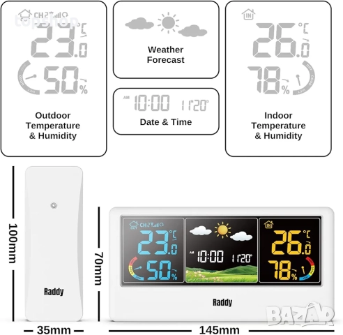 Нова безжична метеорологична станция Radioddity Raddy WF-55C с външен сензор, цветен дисплей за вътр, снимка 2 - Друга електроника - 52373015