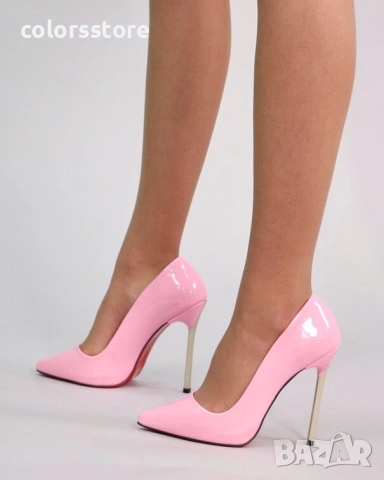 Обувки на ток - розов лак със златист ток - 6060