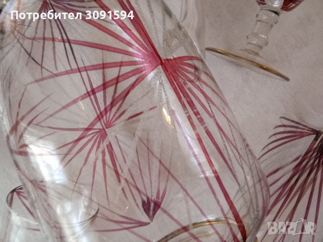  Винтидж Германия ,Комплект кана и 4 чаши за вино рисуваниано стъкло , снимка 6 - Други ценни предмети - 44422620