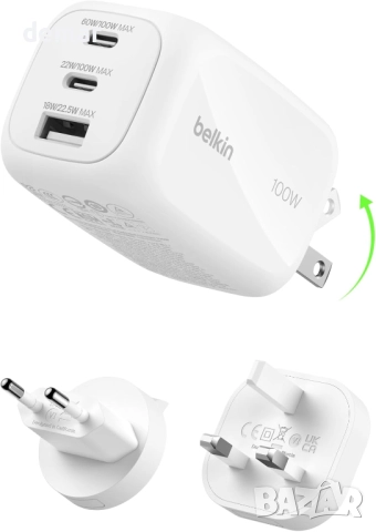 Зарядно Belkin 3-портово 100W, GaN, с 2 USB-C и 1 USB-A порта, бяло