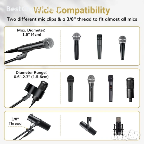 Стойка за микрофон TONOR с държач за таблет, статив за пода, регулируема височина и ъгъл, снимка 8 - Микрофони - 54184514