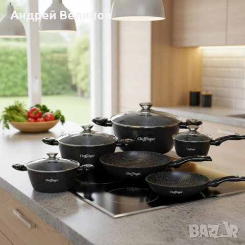Комплект съдове за готвене Cheffinger от лят алуминий с мраморно покритие – 10 части, снимка 2 - Съдове за готвене - 53199119